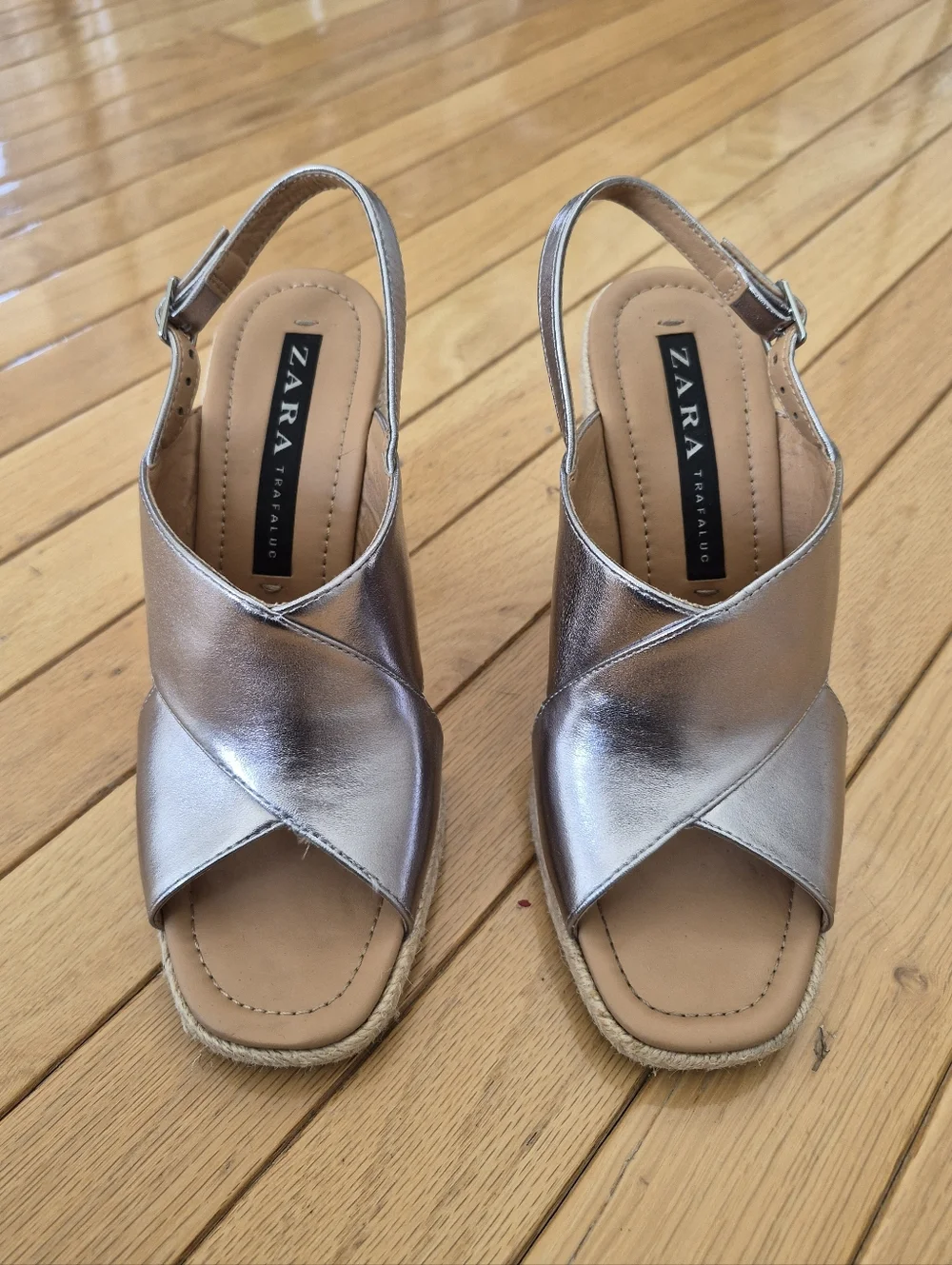 Zara TRF Metallic Silver Espadrille Wedge 37 Sandals Slingback Platform Mrtallic - Picture 2 of 15